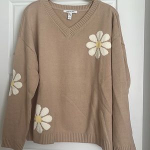 Peace Love World Tan V-Neck Sweater with Floral Design